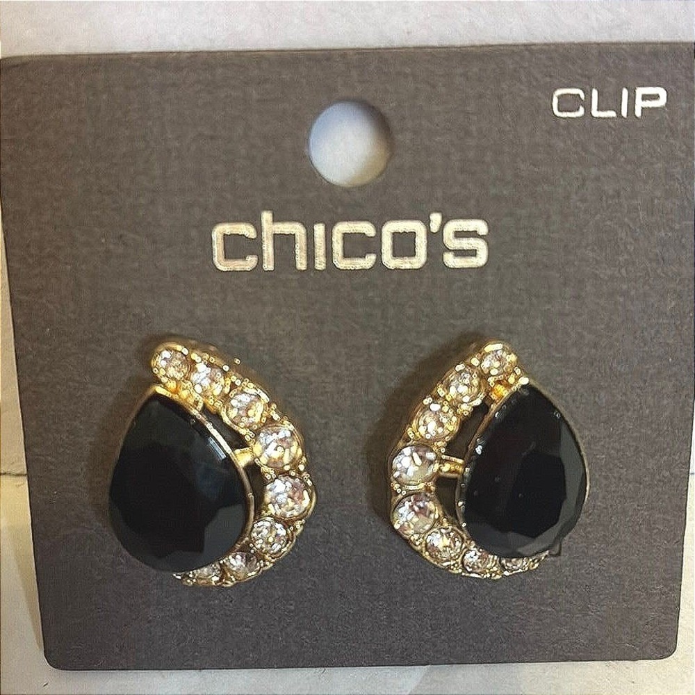 Chico's Black Teardrop Crystal Gold Tone Clip On Earrings Glam NWT New